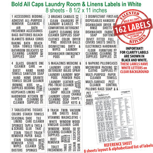 Bold All Caps Laundry Room, Linen Closet & Cleaning Supplies Labels Set, 162 White Labels