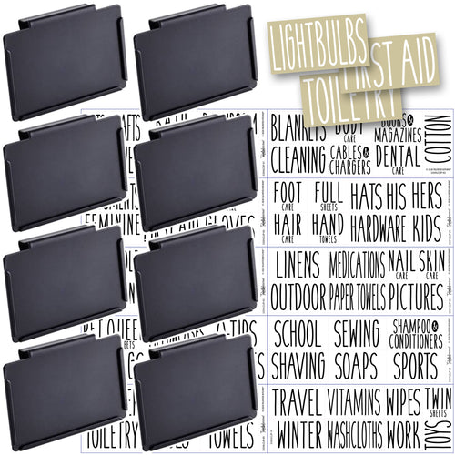 8 Black Clip Label Holders w/70 Household Labels for Bins Baskets or Boxes (BLACK CLIPS / WHITE LABELS)