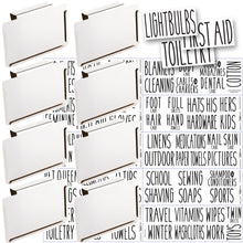 Load image into Gallery viewer, 8 White Clip Label Holders w/70 Household Labels for Bins Baskets or Boxes (WHITE CLIPS / BLACK LABELS)