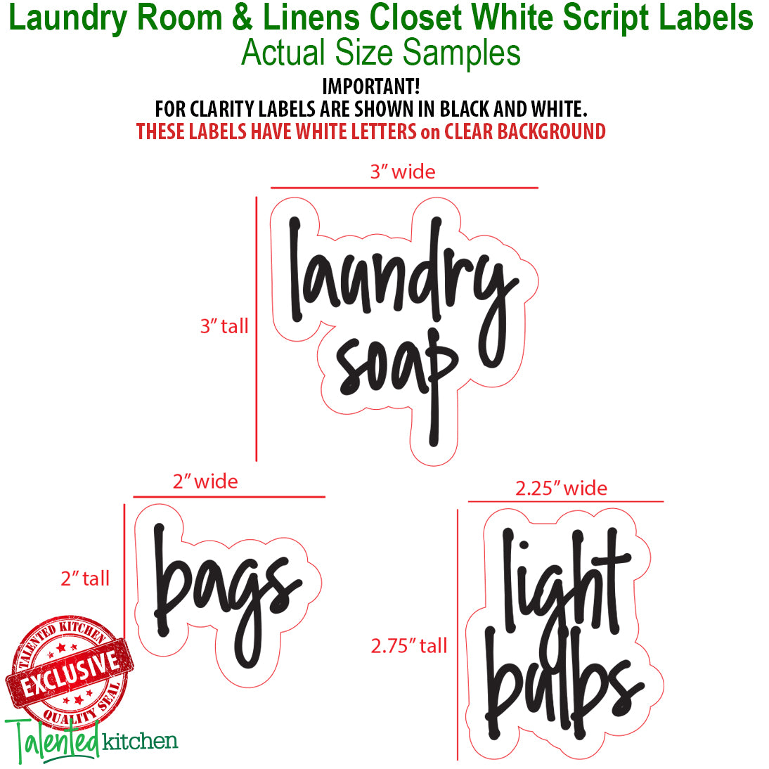 Talented Kitchen 141 Laundry Room Labels for Jars and Containers, Preprinted White Script Stickers for Linen Closet, Bathroom Organization, Cleaning
