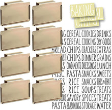 Load image into Gallery viewer, 8 Gold Clip Label Holders w/40 Pantry Labels for Bins Baskets or Boxes (GOLD CLIPS / WHITE LABELS)