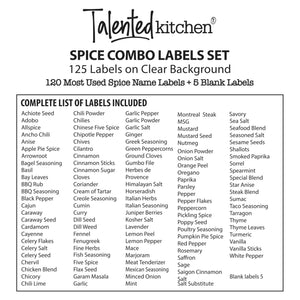 Talented Kitchen 125 Clear Spice Jar Labels - Preprinted Small Seasoning Stickers for Herb Containers and Spice Rack Organization (Black Print on Clear Backing, Water Resistant)