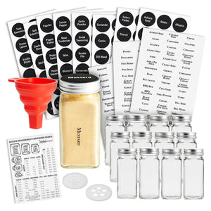 Talented Kitchen 14 Pcs Large 6 oz Glass Spice Jars with Labels and Shakers Lids, Empty Seasoning Containers with Funnel, Magnetic Conversion Chart, 269 Preprinted Stickers in 2 Styles