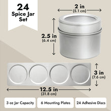 Load image into Gallery viewer, Talented Kitchen 24 Magnetic Spice Jars with Sift-and-Pour Lids for Refrigerator with 6 Metal Plate Bases and 269 Preprinted Seasoning Labels in 2 Styles for 3 oz Herb Containers