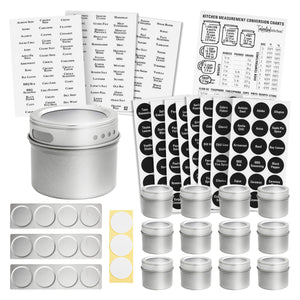 Talented Kitchen 12 Magnetic Spice Jars for Refrigerator with 3 Metal Wall Bases, 269 Preprinted Seasoning Labels, 2 Styles, 1 Cooking Conversion Chart, for 3 oz Containers