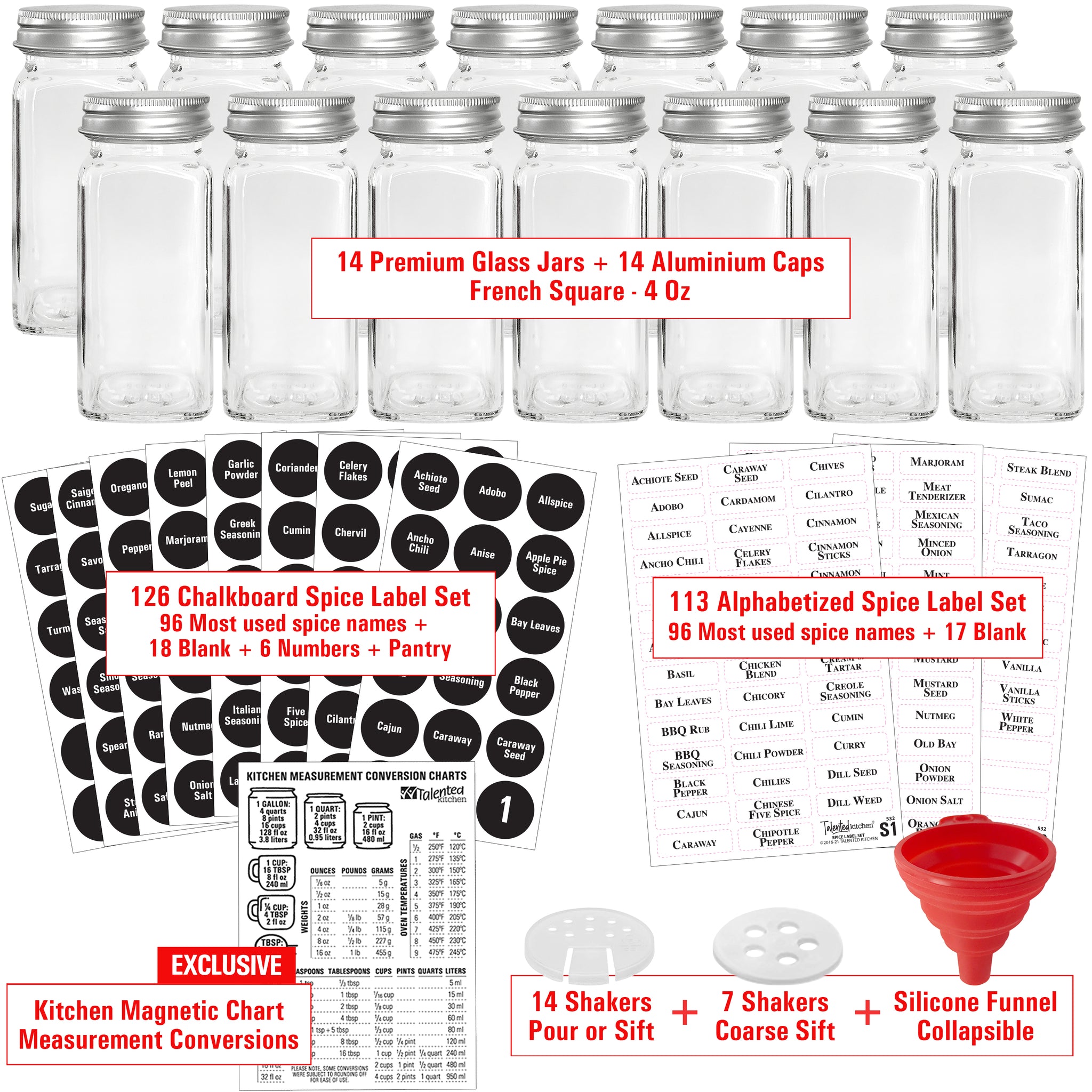 Talented Kitchen 14 Pcs Large 6 oz Glass Spice Jars with Labels and Shakers  Lids, Empty Seasoning Containers with Funnel, Magnetic Conversion Chart