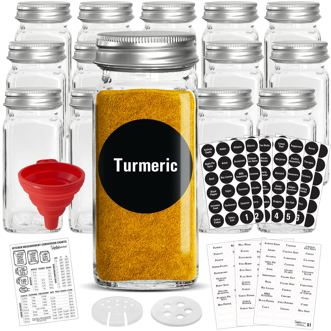 14 Glass Spice Jars w/2 Types of Preprinted Spice Labels