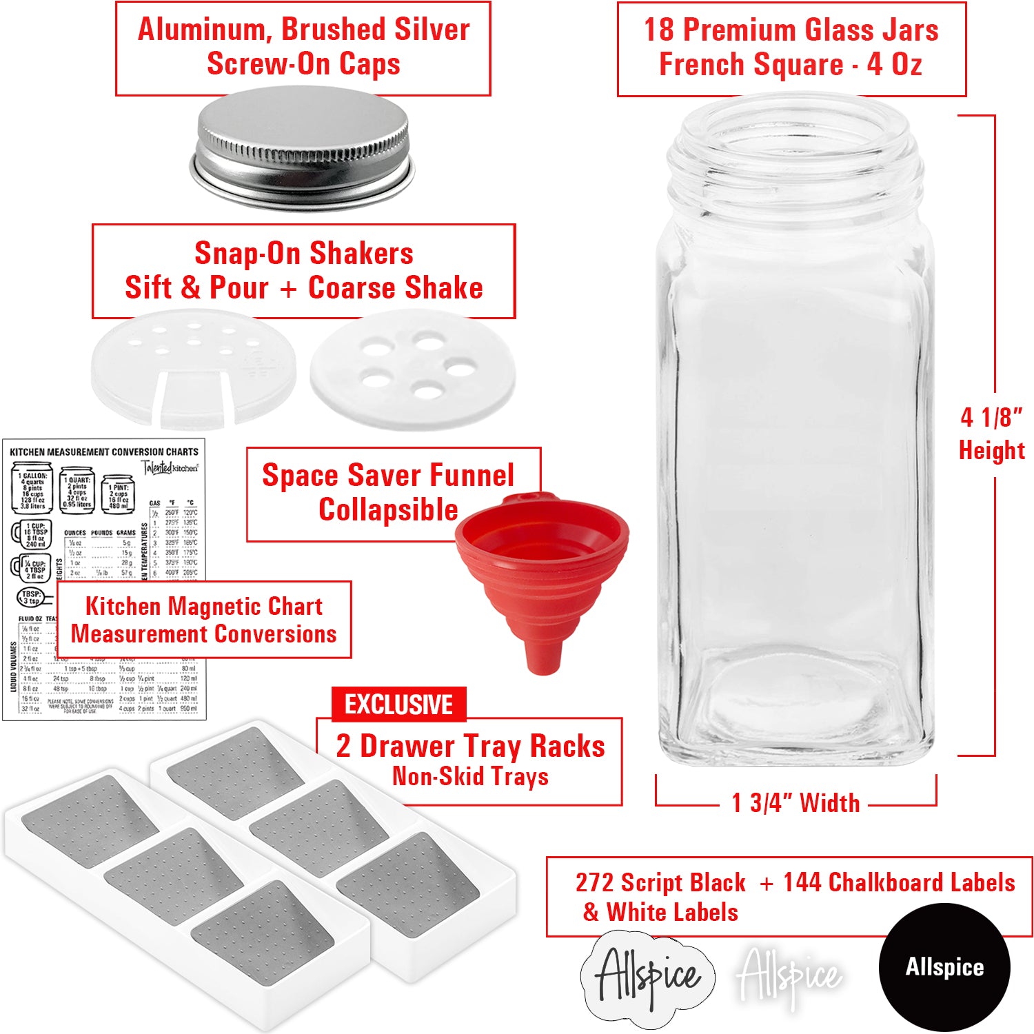 Talented Kitchen 24 Pack Glass Spice Jars with Shaker Lids 6oz, 328  Preprinted Labels, Gold Caps