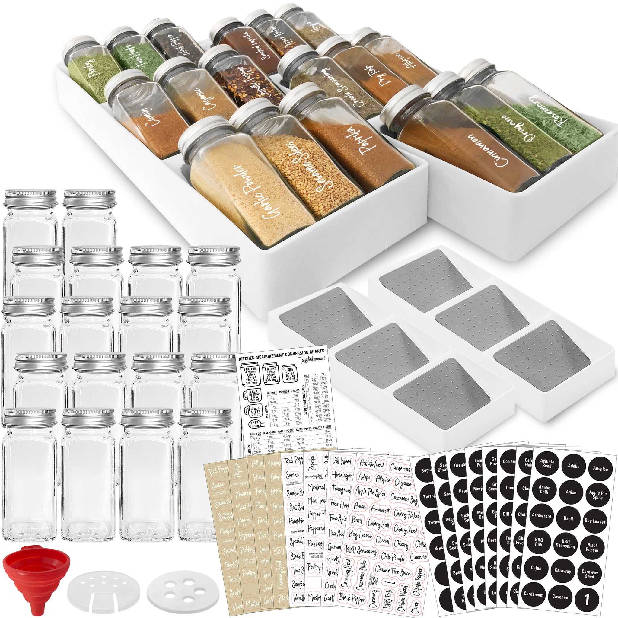 Talented Kitchen 2 Spice Drawer Organizer with Jars and Labels Set