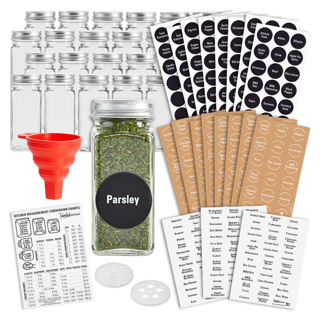 Talented Kitchen 24 Pack Glass Spice Bottles with 413 Preprinted Label Stickers, 4 oz Empty Square Seasoning Jars with Shaker Lids & Silver Airtight Caps