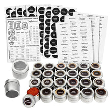 Load image into Gallery viewer, Talented Kitchen Magnetic Spice Jars for Refrigerator - 3oz Metal Spice Containers with Sift-and-Pour Lids (24 Magnet Spice Jars, 269 Preprinted Labels, 2 Label Styles)