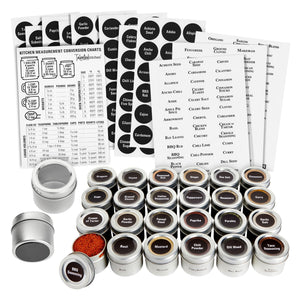 Talented Kitchen Magnetic Spice Jars for Refrigerator - 3oz Metal Spice Containers with Sift-and-Pour Lids (24 Magnet Spice Jars, 269 Preprinted Labels, 2 Label Styles)