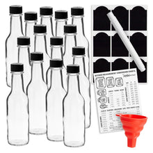 Load image into Gallery viewer, Talented Kitchen 14-Pack Glass Hot Sauce Bottles with Caps, Glass Sauce Bottles with Shrink Wrap Capsule and Funnel, with 18 Chalkboard Labels, 14 Dripper Inserts, Dishwasher-Safe (5 oz)