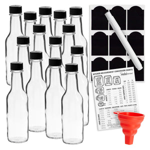 Talented Kitchen 14-Pack Glass Hot Sauce Bottles with Caps, Glass Sauce Bottles with Shrink Wrap Capsule and Funnel, with 18 Chalkboard Labels, 14 Dripper Inserts, Dishwasher-Safe (5 oz)