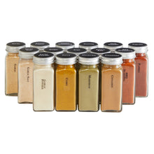 Load image into Gallery viewer, Talented Kitchen 24 Pack Glass Spice Bottles with 413 Preprinted Label Stickers, 4 oz Empty Square Seasoning Jars with Shaker Lids &amp; Silver Airtight Caps