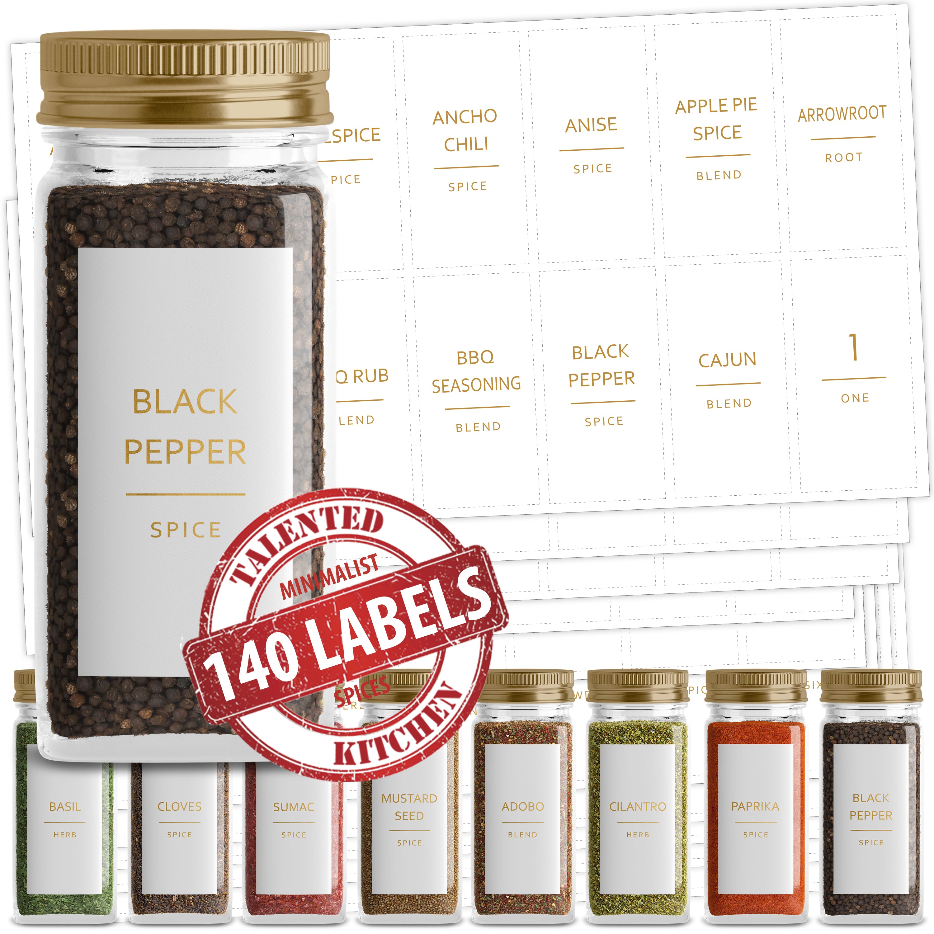 140 Pieces Gold Spice Jar Labels, Minimalist Preprinted All Caps