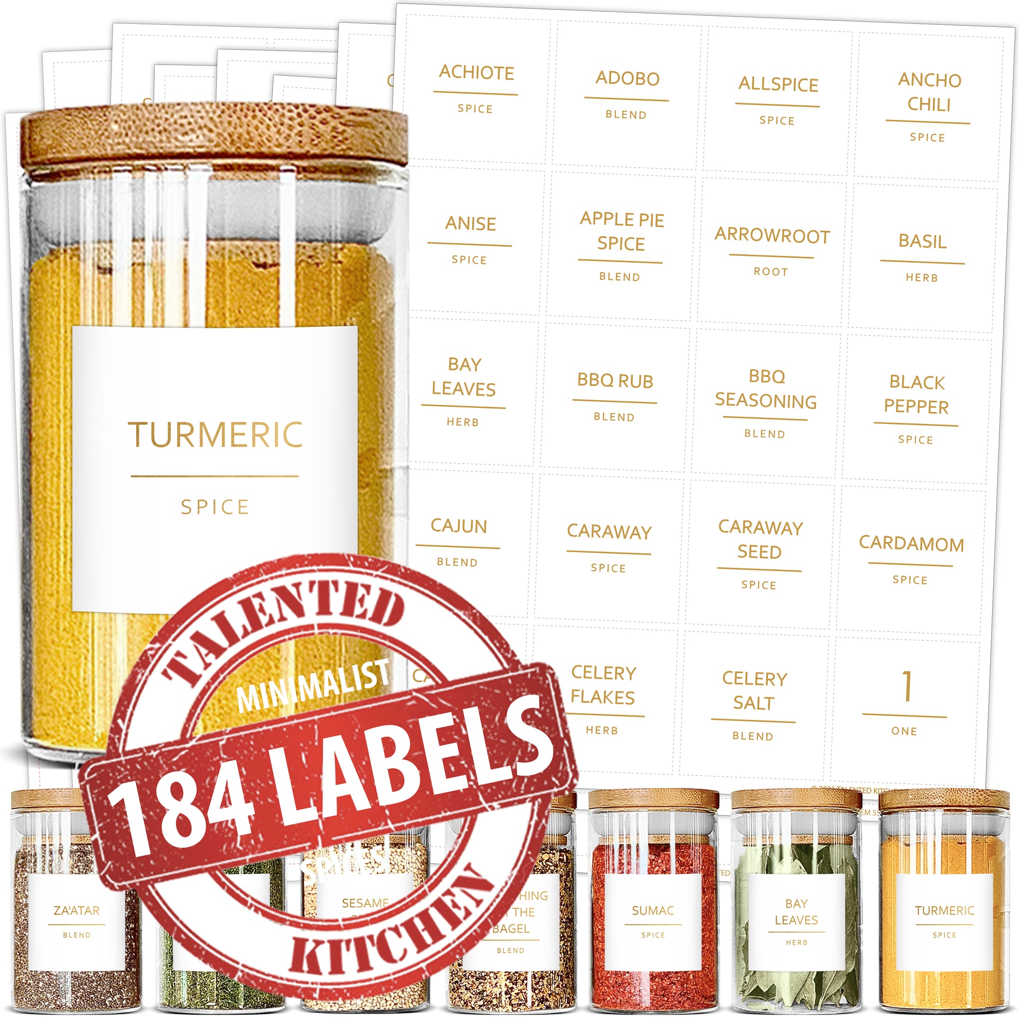 Talented Kitchen 140 Minimalist Spice Jar Labels, Preprinted