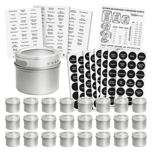 Talented Kitchen Magnetic Spice Jars for Refrigerator - 3oz Metal Spice Containers with Sift-and-Pour Lids (24 Magnet Spice Jars, 269 Preprinted Labels, 2 Label Styles)