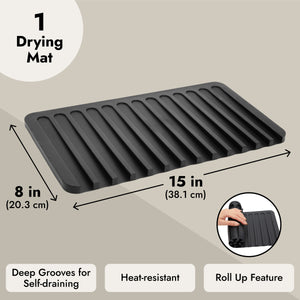 Talented Kitchen Self-Draining Silicone Dish Drying Mat for Counter (Black, 15x8 in)