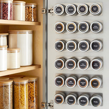 Load image into Gallery viewer, Talented Kitchen 24 Magnetic Spice Jars with Sift-and-Pour Lids for Refrigerator with 6 Metal Plate Bases and 269 Preprinted Seasoning Labels in 2 Styles for 3 oz Herb Containers