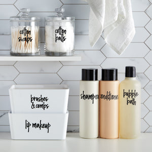 Talented Kitchen 192 Preprinted Bathroom Labels for Containers - Black Script Stickers for Organizer Bins, Bath, Beauty Canisters, and Makeup Storage Organization (Water Resistant)