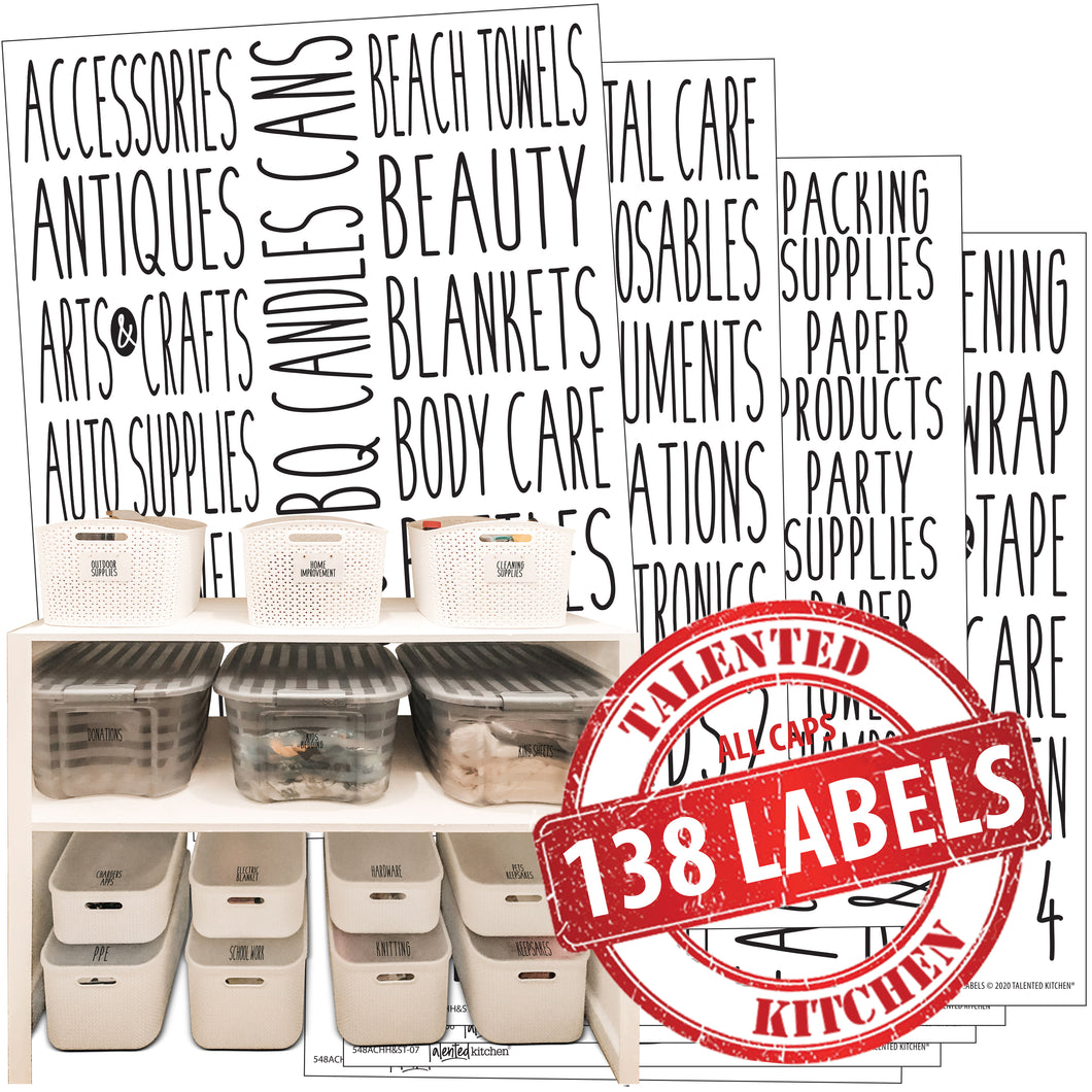 All Caps Household & Storage Label Set, 138 Black Labels