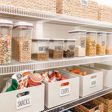 Load image into Gallery viewer, 8 White Clip Label Holders w/40 Pantry Labels for Bins Baskets or Boxes (WHITE CLIPS / BLACK LABELS)