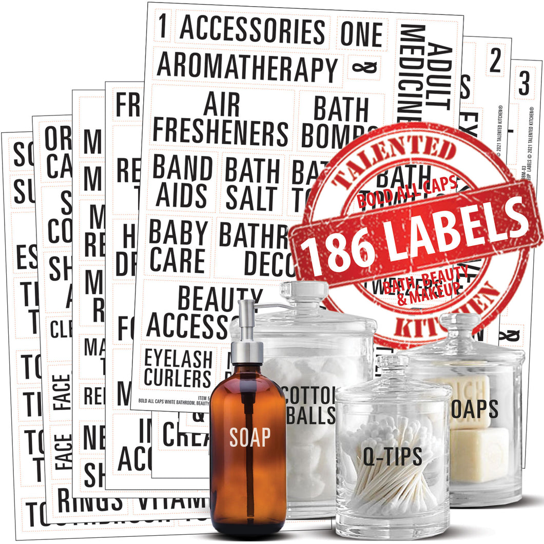 Bold All Caps Bathroom, Beauty & Makeup Label Set, 186 Black Labels