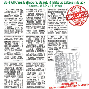 Bold All Caps Bathroom, Beauty & Makeup Label Set, 186 Black Labels