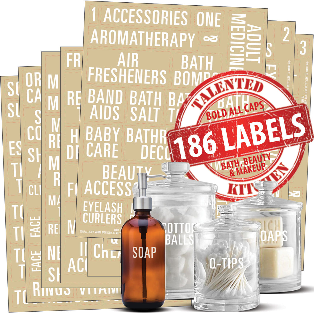 Bold All Caps Bathroom, Beauty & Makeup Label Set, 186 White Labels