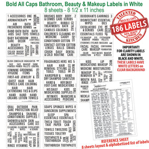Bold All Caps Bathroom, Beauty & Makeup Label Set, 186 White Labels