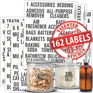 Bold All Caps Laundry Room, Linen Closet & Cleaning Supplies Labels Set, 162 Black Labels