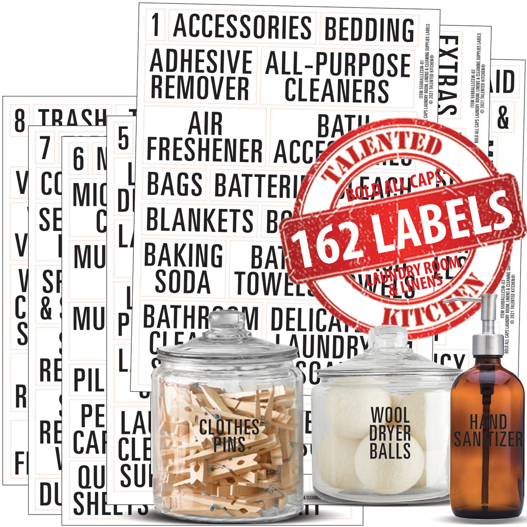 Bold All Caps Laundry Room, Linen Closet & Cleaning Supplies Labels Set, 162 Black Labels