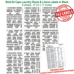 Bold All Caps Laundry Room, Linen Closet & Cleaning Supplies Labels Set, 162 Black Labels