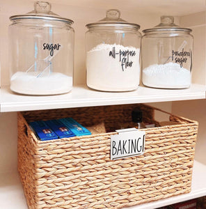 8 White Clip Label Holders w/40 Pantry Labels for Bins Baskets or Boxes (WHITE CLIPS / BLACK LABELS)
