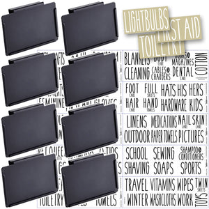 8 Black Clip Label Holders w/70 Household Labels for Bins Baskets or Boxes (BLACK CLIPS / WHITE LABELS)