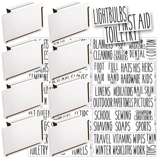 8 White Clip Label Holders w/70 Household Labels for Bins Baskets or Boxes (WHITE CLIPS / BLACK LABELS)