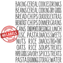 Load image into Gallery viewer, 8 White Clip Label Holders w/40 Pantry Labels for Bins Baskets or Boxes (WHITE CLIPS / BLACK LABELS)