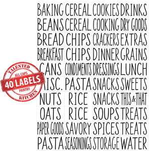 8 White Clip Label Holders w/40 Pantry Labels for Bins Baskets or Boxes (WHITE CLIPS / BLACK LABELS)