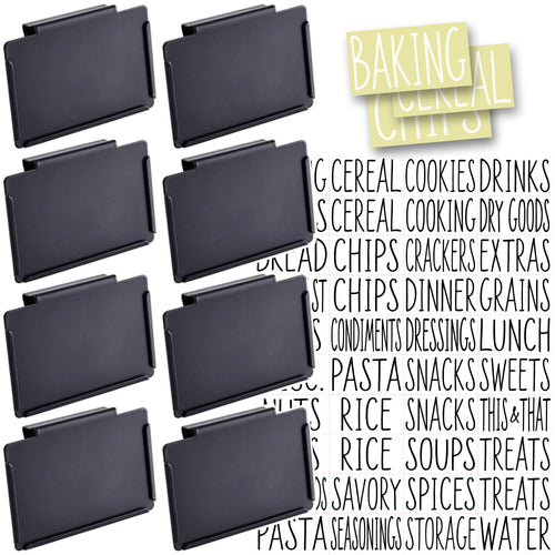 8 Black Clip Label Holders w/40 Pantry Labels for Bins Baskets or Boxes (BLACK CLIPS / WHITE LABELS)