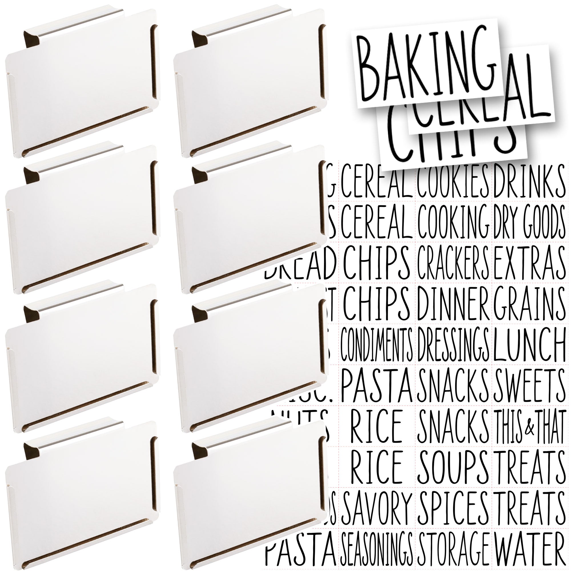 8 Pack Metal Pantry Baskets Labels Clip On for Storage Bins with 2 White  Chalk Markers, Organization and Storage Baskets Labels Clips, Kitchen Bins