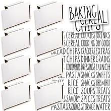 Load image into Gallery viewer, 8 White Clip Label Holders w/40 Pantry Labels for Bins Baskets or Boxes (WHITE CLIPS / BLACK LABELS)