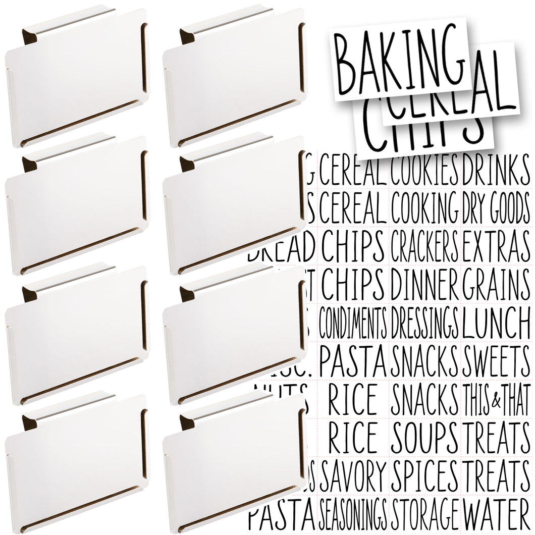 8 White Clip Label Holders w/40 Pantry Labels for Bins Baskets or Boxes (WHITE CLIPS / BLACK LABELS)