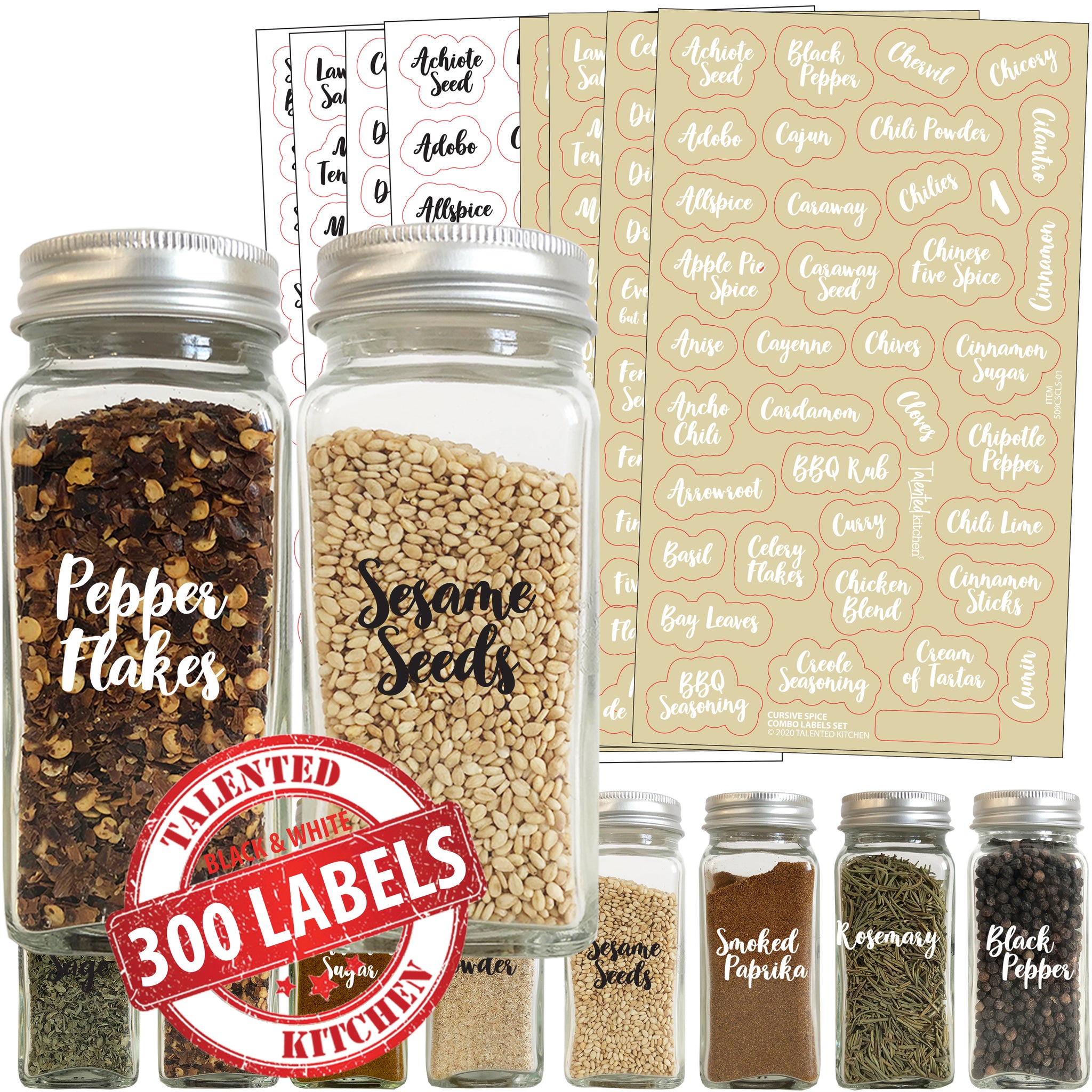 Talented Kitchen 125 Spice Labels Stickers, Clear Spice Jar Labels