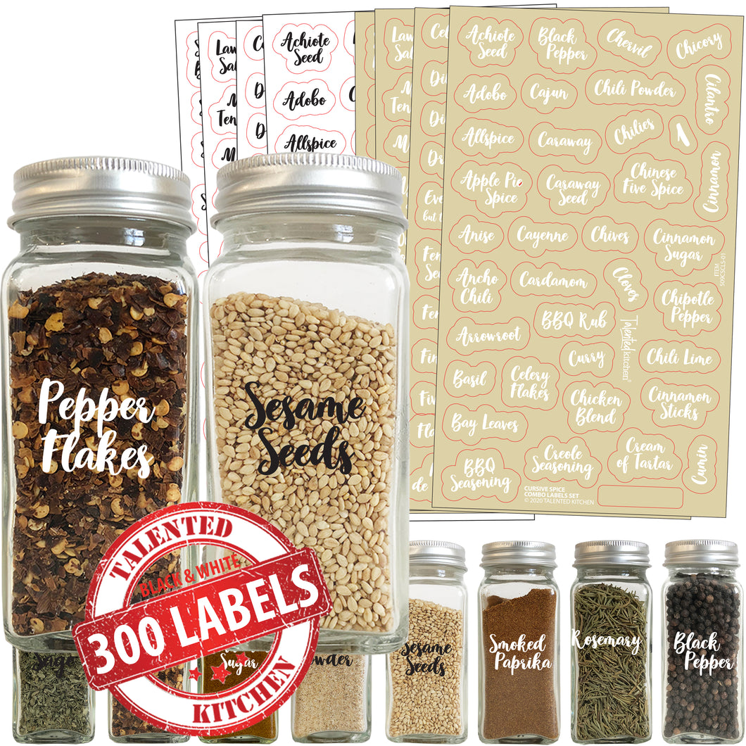 Cursive Spice Label Combo Set, 300 Black & White Labels – Talented Kitchen