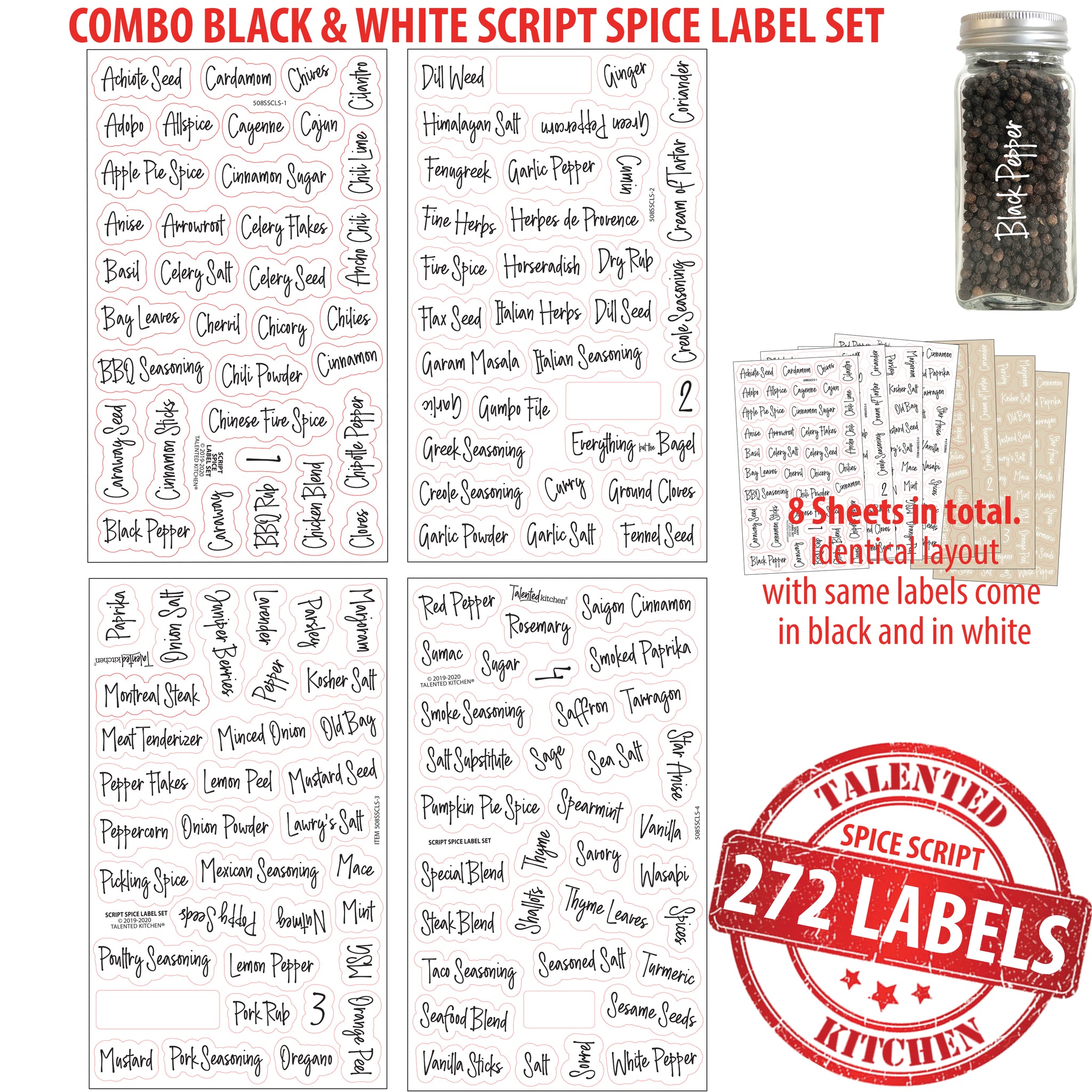 272 Spice Jar Labels for Containers, Preprinted Black and White Script on  Clear Seasoning Label Stickers