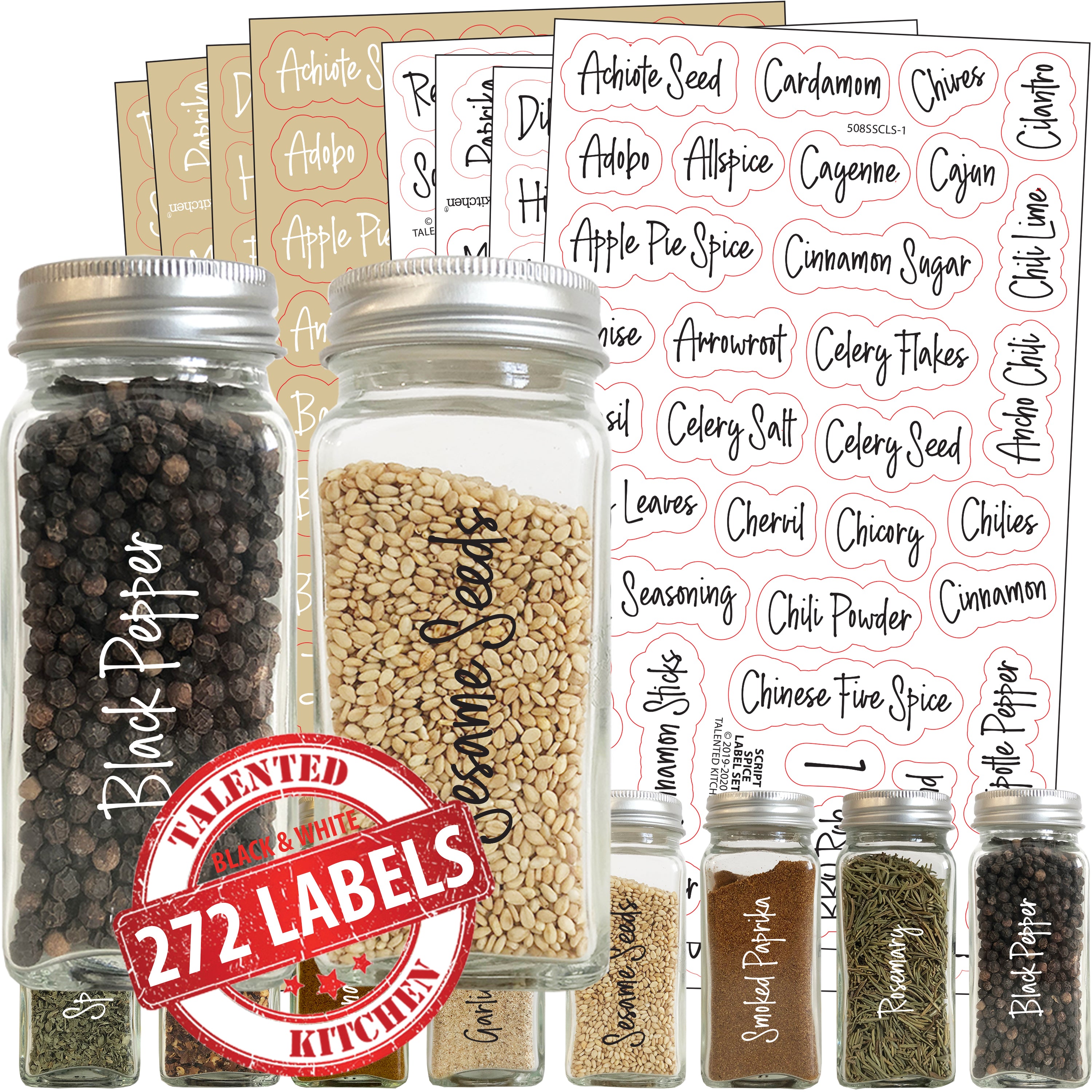 Talented Kitchen 300 Preprinted Spice Labels, Clear Spice Jar Labels for  Seasoning, Herbs, Pantry and Kitchen Spice Rack Organization, Black and  White