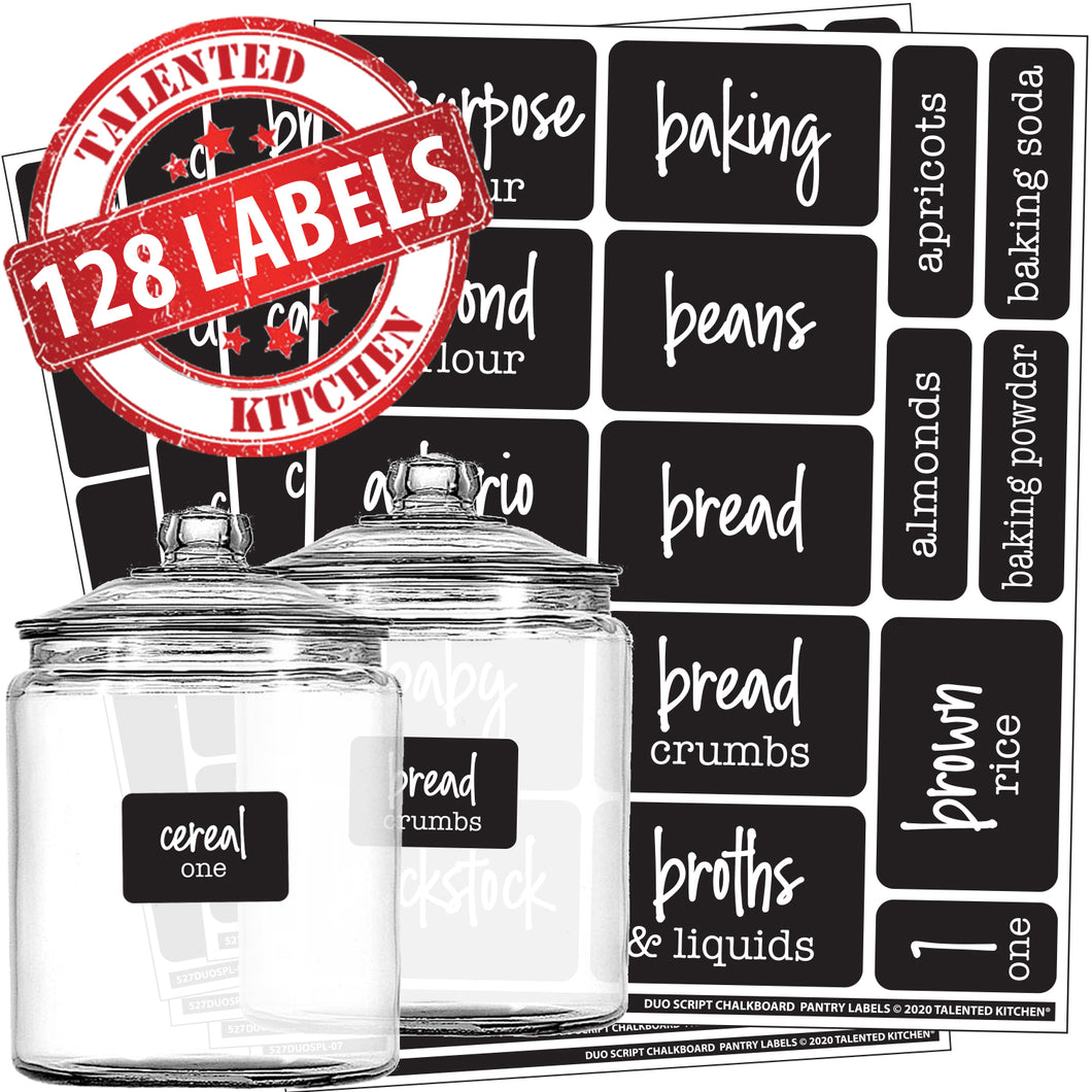 Talented Kitchen 158 Chalkboard Pantry Labels for Food Containers,  Preprinted White All Caps on Black Stickers for Jars, Kitchen Organization