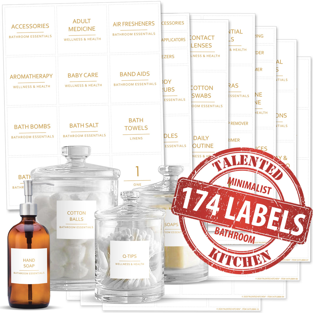 Minimalist Bathroom, Beauty & Makeup Label Set, 174 Gold Labels