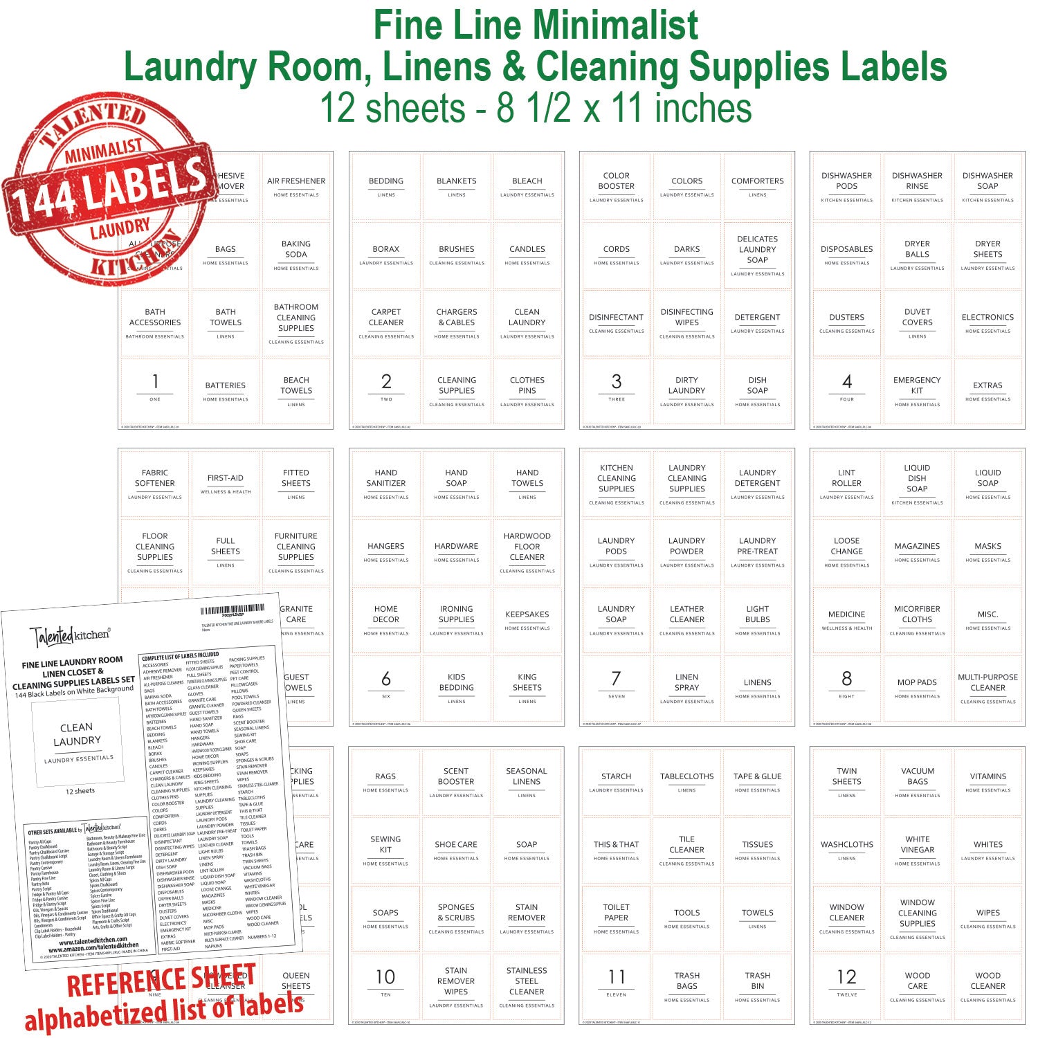 159 Minimalist Home Laundry Labels for Organizing - Linen Storage Labels, Laundry Room Labels, Cleaning Labels - Preprinted Organization Labels for